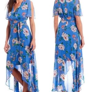 JESSICA HOWARD Flutter Maxi Dress Cornflower Blue Floral Asymmetric Hem 8